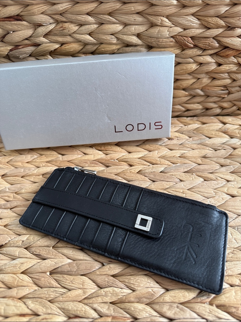 Lodis Black Leather Zip Card Holder with Strap and Silver Buckle